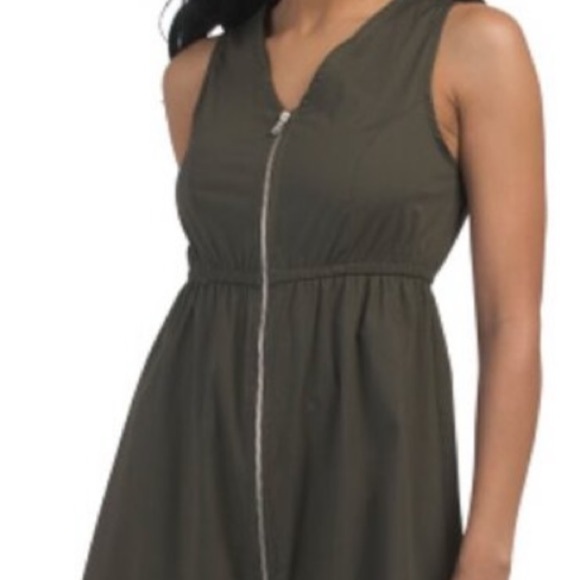 MIAN OLIVE GREEN UTILITY STYLE ZIP FRONT MIDI DRESS! New! L - Picture 3 of 4